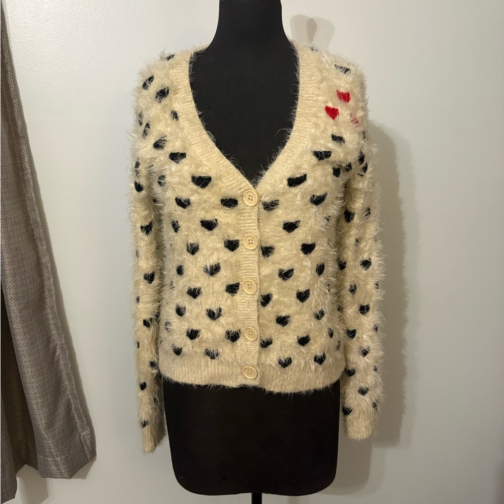 POL Cream and Black Heart Cardigan